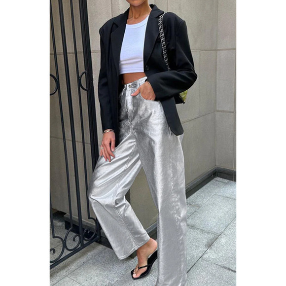 Metallic Leather Straight Leg Pants Size Small  -4 | Commense - Picture 2 of 7